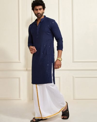 vastramay men s navy blue rayon cotton kurta and mundu set 1